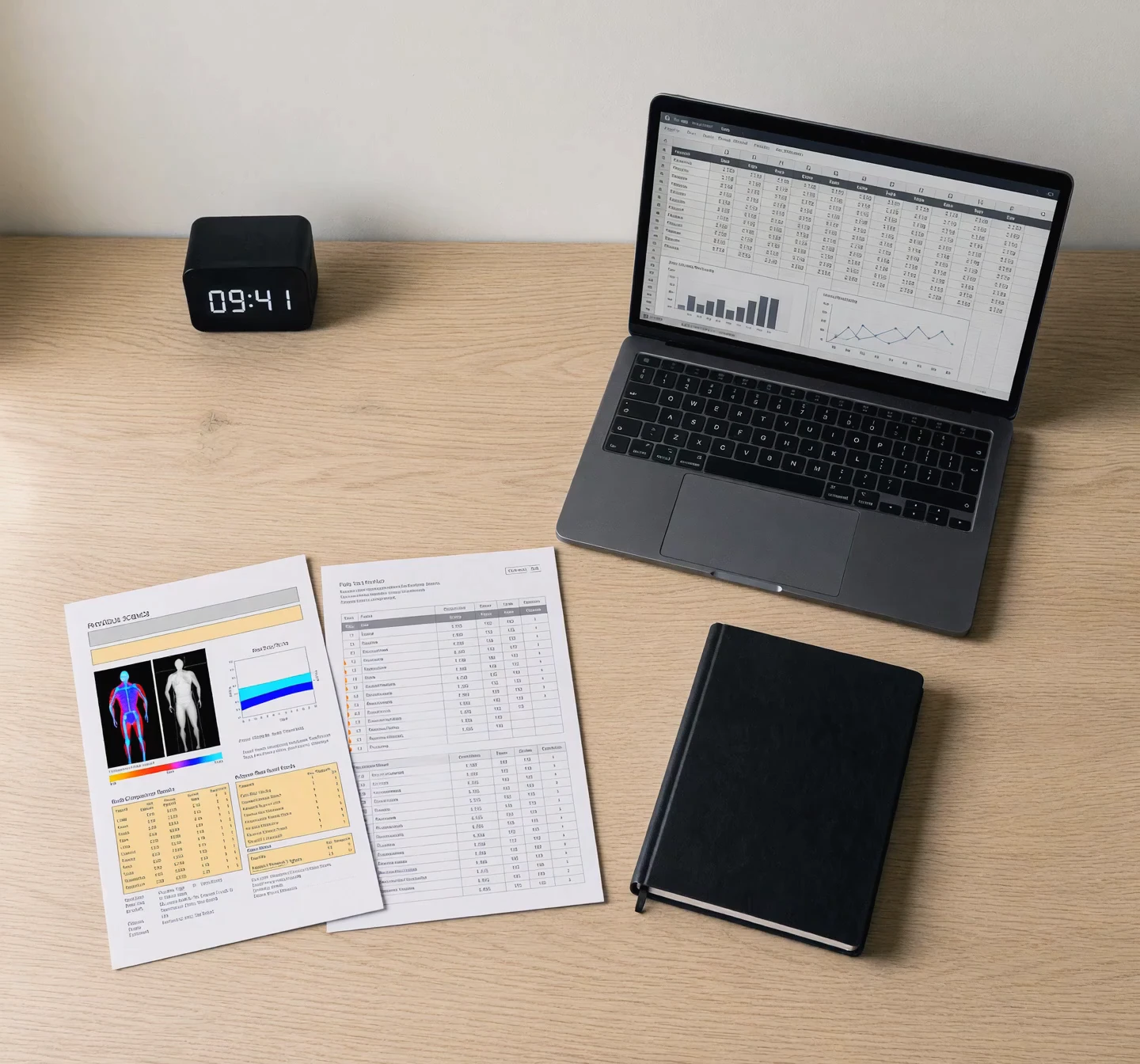 A laptop open to a spreadsheet of weekly figures with two small charts beneath, a printed body-composition scan page and a blood-test report beside it, a closed black notebook and a small digital clock reading 09:41, on a pale oak desk as morning sunlight moves across it.