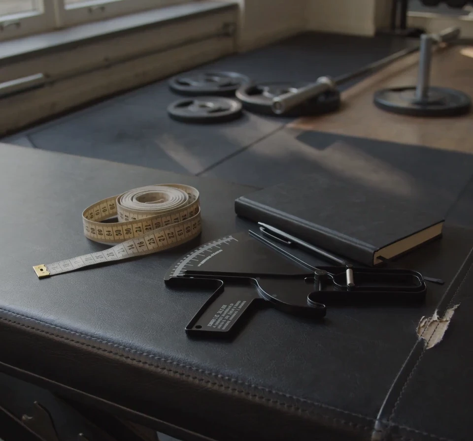 A cloth tape measure coiled beside a skinfold calliper, a closed black notebook and a pen on a leather training bench, as window light slides across them; weight plates and a barbell rest on the floor behind.