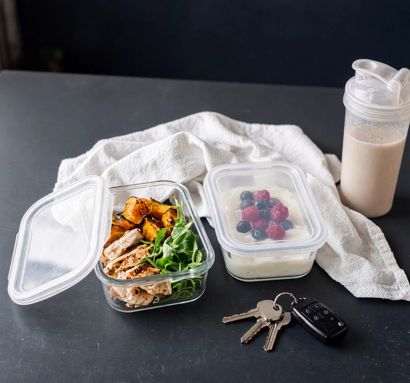 Two glass meal-prep boxes on a dark table in morning window light, one open on sliced chicken, roast pumpkin and greens as steam rises from it, the other lidded over berries and yoghurt, its lid slowly fogging; a shaker bottle, a white cloth and a set of car keys sit beside them.