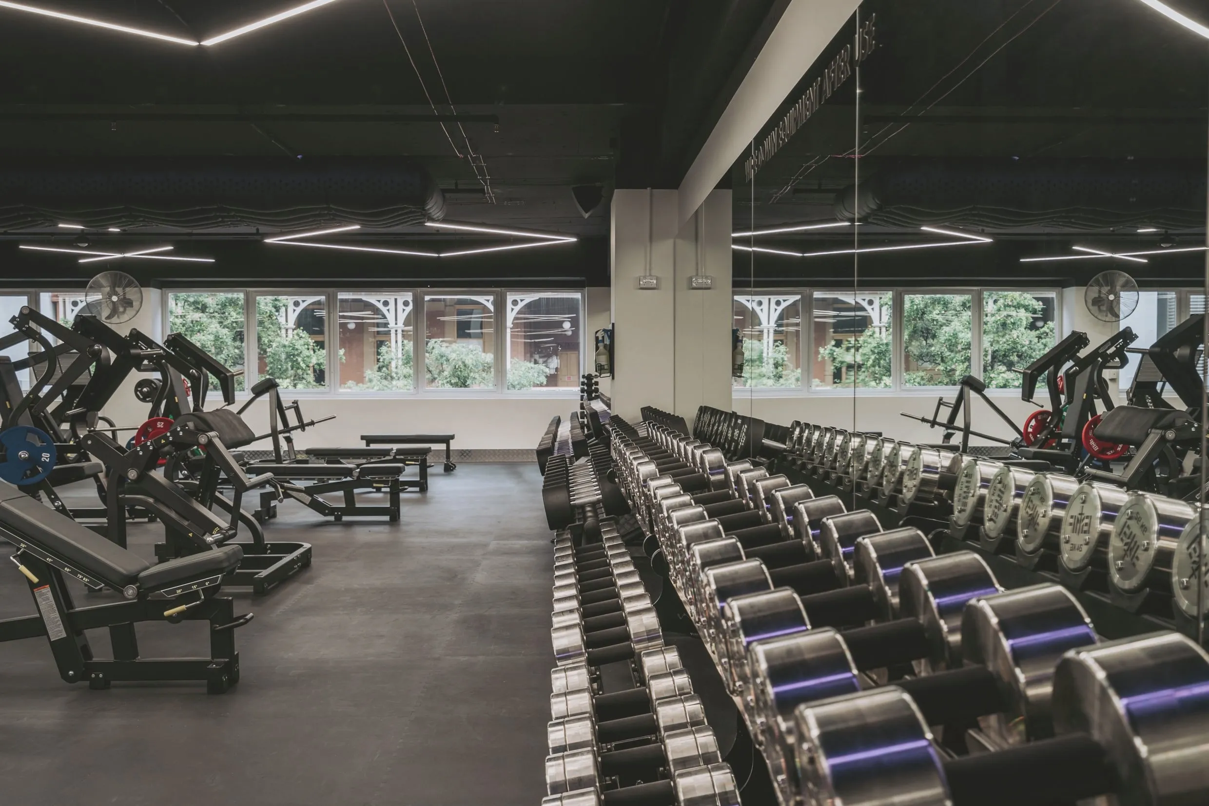 Plate-loaded leg machines and a row of chrome dumbbells beside windows framing the white iron lacework of a neighbouring heritage verandah.